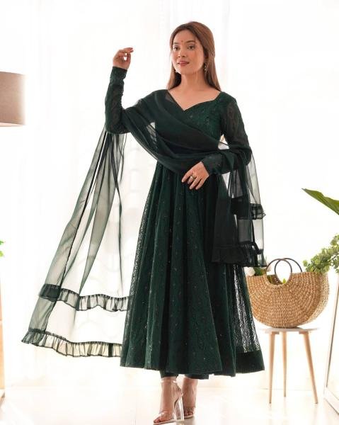 Gorgeous Bottle Green Fox Georgette Lucknowi Work Anarkali Gown with 4 Mtr. Flair for Special Occasions Anarkali Kurtis 