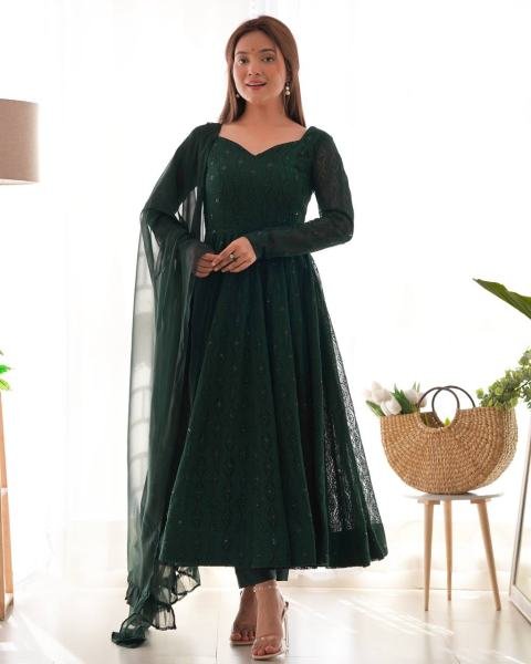 Gorgeous Bottle Green Fox Georgette Lucknowi Work Anarkali Gown with 4 Mtr. Flair for Special Occasions Anarkali Kurtis 