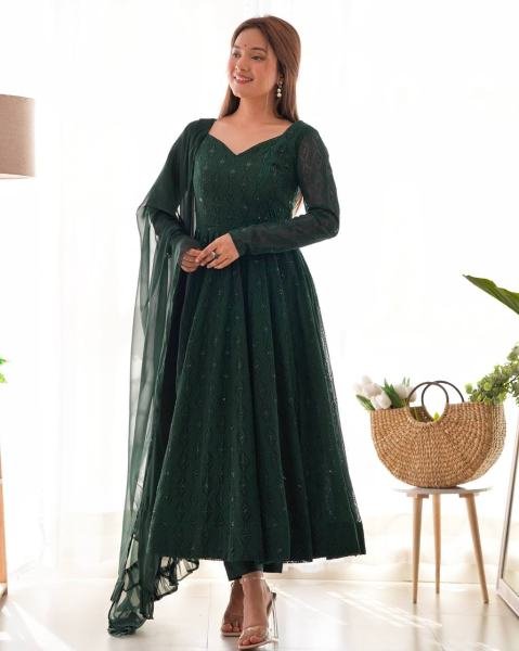 Gorgeous Bottle Green Fox Georgette Lucknowi Work Anarkali Gown with 4 Mtr. Flair for Special Occasions Anarkali Kurtis 