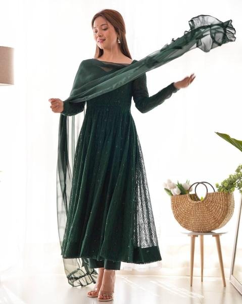Gorgeous Bottle Green Fox Georgette Lucknowi Work Anarkali Gown with 4 Mtr. Flair for Special Occasions Anarkali Kurtis 