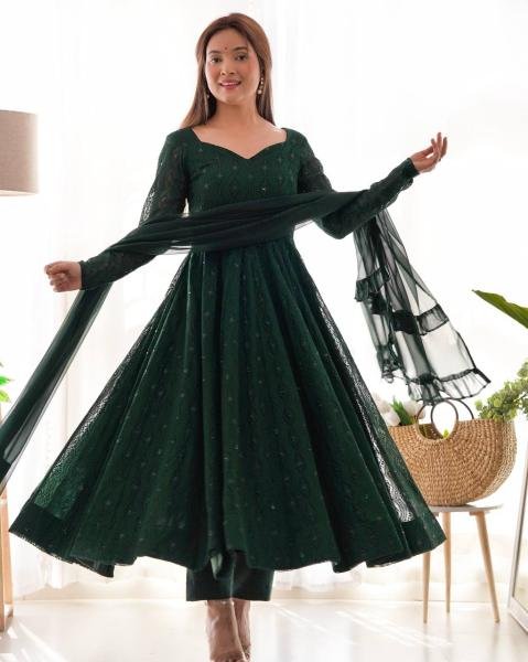 Gorgeous Bottle Green Fox Georgette Lucknowi Work Anarkali Gown with 4 Mtr. Flair for Special Occasions Anarkali Kurtis 
