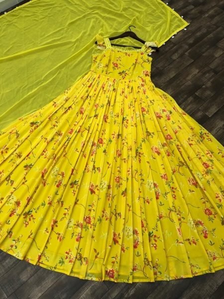 Gown Style Haldi Dress Bollywood Designer Gown   Dupatta Kurti With Dupatta Wholesale