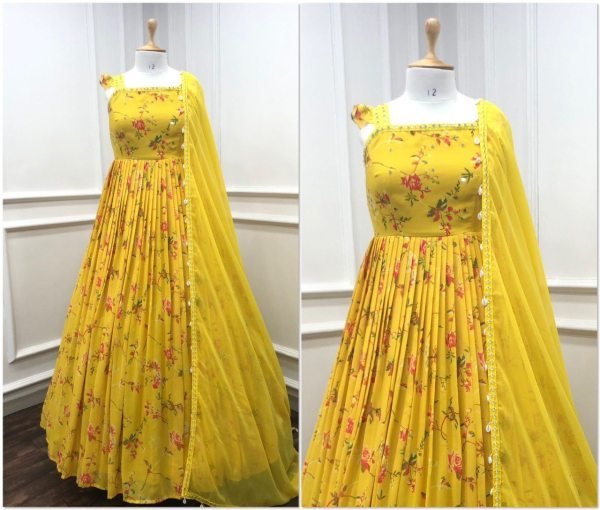 Gown Style Haldi Dress Bollywood Designer Gown   Dupatta Kurti With Dupatta Wholesale
