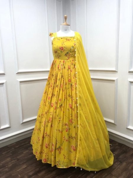 Gown Style Haldi Dress Bollywood Designer Gown   Dupatta Kurti With Dupatta Wholesale