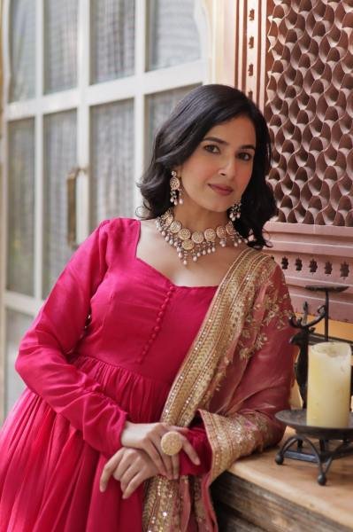 Gown with Dupatta Collections 2025 Elegant Shimmer Vichitra   Embroidered Design Ready To Wear Collection