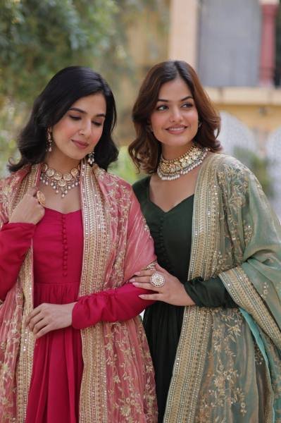 Gown with Dupatta Collections 2025 Elegant Shimmer Vichitra   Embroidered Design Ready To Wear Collection