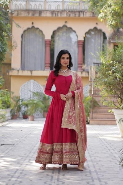 Gown with Dupatta Collections 2025 Elegant Shimmer Vichitra   Embroidered Design Ready To Wear Collection