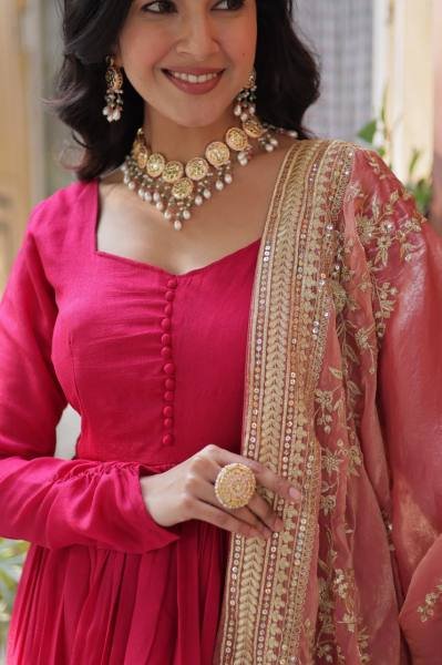 Gown with Dupatta Collections 2025 Elegant Shimmer Vichitra   Embroidered Design Ready To Wear Collection
