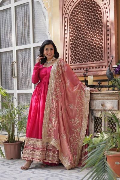Gown with Dupatta Collections 2025 Elegant Shimmer Vichitra   Embroidered Design Ready To Wear Collection