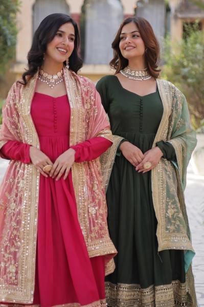 Gown with Dupatta Collections 2025 Elegant Shimmer Vichitra   Embroidered Design Ready To Wear Collection