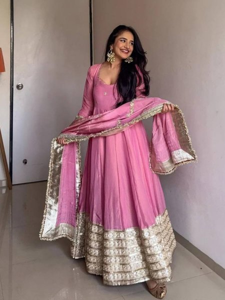 Rose Glow Party Wear Anarkali Pink Flair Gown with Golden Dupatta & Border Plus Size Kurti / Gown