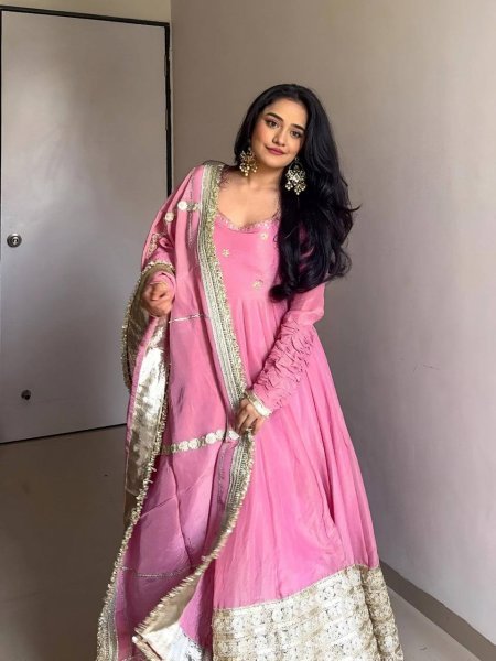 Rose Glow Party Wear Anarkali Pink Flair Gown with Golden Dupatta & Border Anarkali Kurtis 