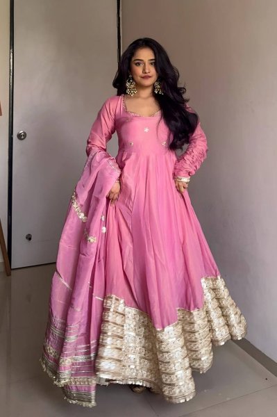 Rose Glow Party Wear Anarkali Pink Flair Gown with Golden Dupatta & Border Anarkali Kurtis 