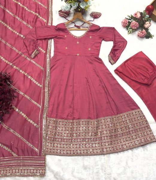 Rose Glow Party Wear Anarkali Pink Flair Gown with Golden Dupatta & Border Anarkali Kurtis 