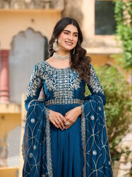 Grace Glamour Wholesale Premium Gown in Pure Vichitra Silk with Sequin Embroidery Anarkali Kurtis 
