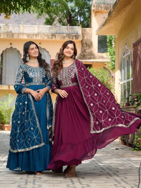 Grace Glamour Wholesale Premium Gown in Pure Vichitra Silk with Sequin Embroidery Anarkali Kurtis 