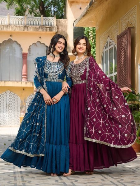 Grace Glamour Wholesale Premium Gown in Pure Vichitra Silk with Sequin Embroidery Anarkali Kurtis 