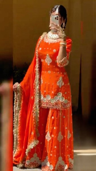 Grace Infused Orange Faux Georgette Embroidered Palazzo Set with Pearl Handwork with Lace Dupatta for Celebration Wear Ready To Wear Collection