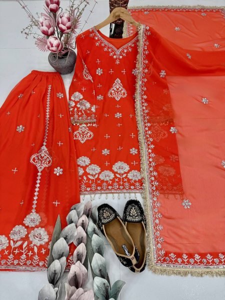 Grace Infused Orange Faux Georgette Embroidered Palazzo Set with Pearl Handwork with Lace Dupatta for Celebration Wear Ready To Wear Collection