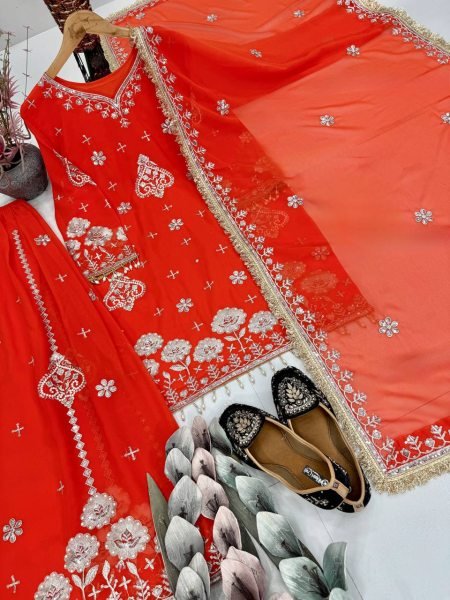 Grace Infused Orange Faux Georgette Embroidered Palazzo Set with Pearl Handwork with Lace Dupatta for Celebration Wear Ready To Wear Collection