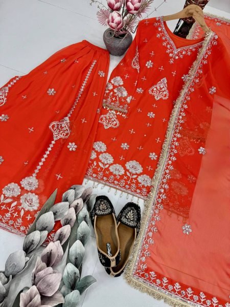 Grace Infused Orange Faux Georgette Embroidered Palazzo Set with Pearl Handwork with Lace Dupatta for Celebration Wear Ready To Wear Collection