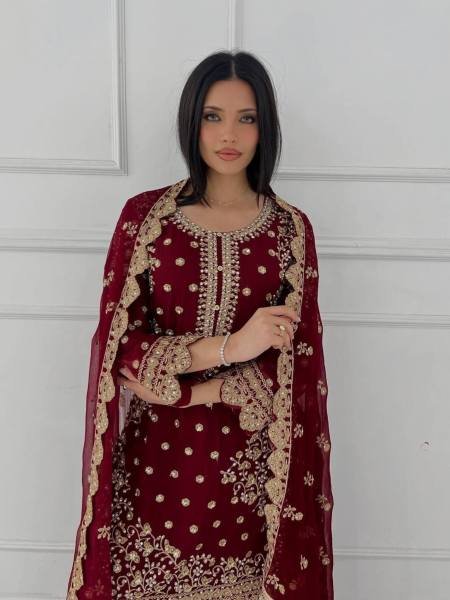 Grace Maroon Faux Georgette Pakistani Suit with Heavy Embroidery and Cut Work for Women at Wholesale Prices Ready To Wear Suit