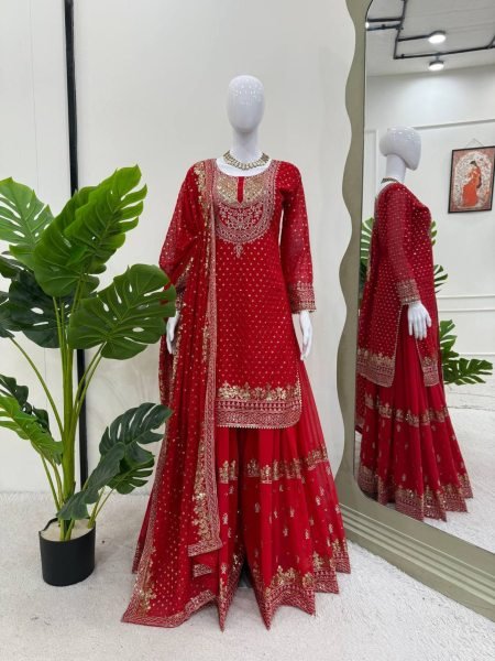 Graceful Faux Georgette Embroidered Sharara Suit with Thread and Sequence Work for Designer Wear 