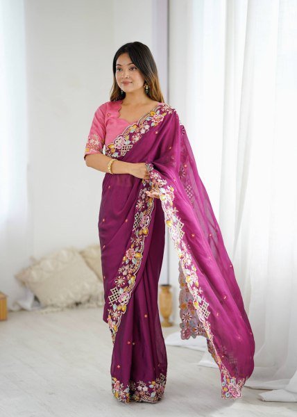 Graceful Noha Crush Saree with Intricate Embroidery and Designer Blouse Embroidery Sarees Wholesale