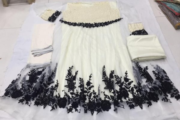 Graceful Off White Butterfly Net Anarkali Heavy Embroidery with Stone Work    Dupatta Anarkali Kurtis 
