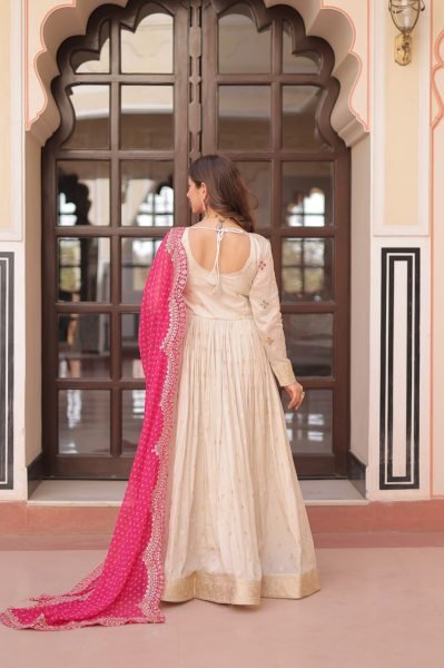 Graceful Pink Anarkali Gown in Jacquard With Heavy Work & Printed Dupatta Anarkali Kurtis 