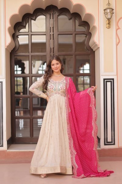 Graceful Pink Anarkali Gown in Jacquard With Heavy Work & Printed Dupatta Anarkali Kurtis 