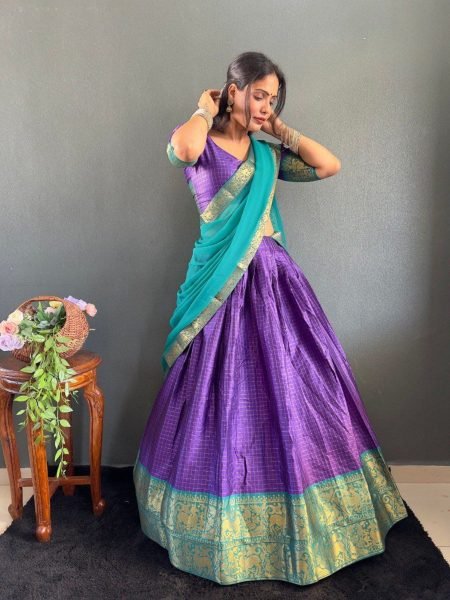 Graceful South Indian Inspired Cotton Lehenga Choli with Dupatta Set Traditional Half Saree Design Half Saree Lehenga