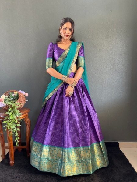Graceful South Indian Inspired Cotton Lehenga Choli with Dupatta Set Traditional Half Saree Design Half Saree Lehenga
