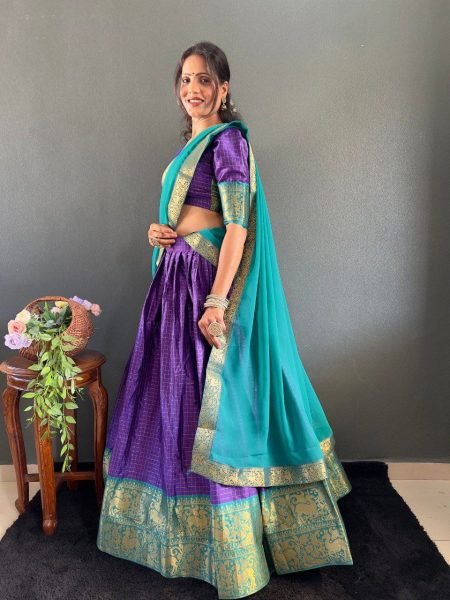 Graceful South Indian Inspired Cotton Lehenga Choli with Dupatta Set Traditional Half Saree Design Half Saree Lehenga