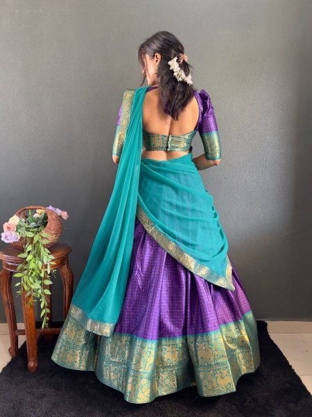 Graceful South Indian Inspired Cotton Lehenga Choli with Dupatta Set Traditional Half Saree Design Half Saree Lehenga