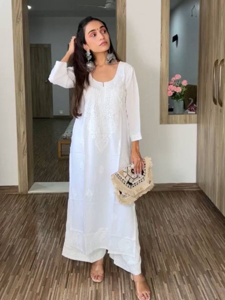 White Rayon Palazzo Set with Sequin Embroidery Work Festive Special Kurtis