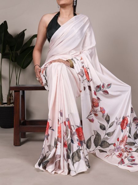 Graceful White Satin Silk Printed Saree Lightweight Summer Edition for Retailers, Online Boutiques