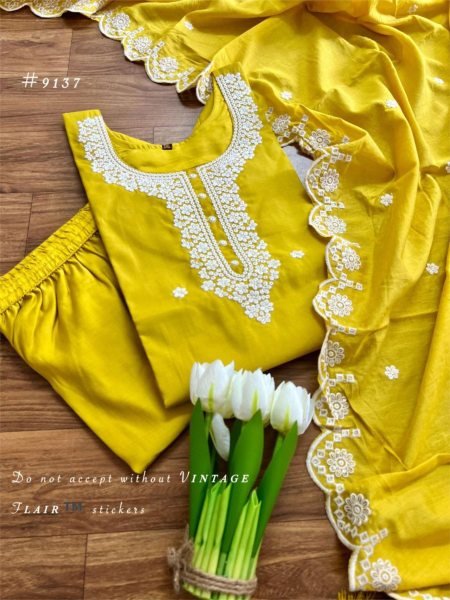 Graceful Yellow Embroidered Vichitra Silk 3 Piece Ethnic Set for Women 