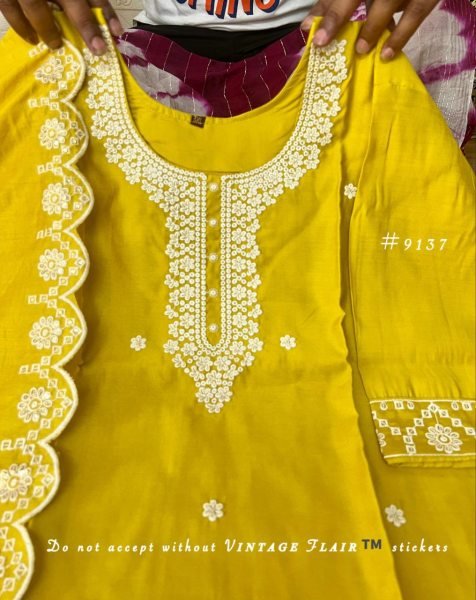 Graceful Yellow Embroidered Vichitra Silk 3 Piece Ethnic Set for Women 3 Piece Kurti Set