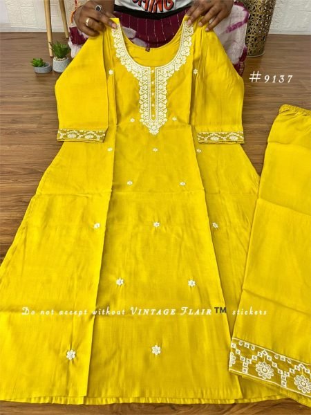 Graceful Yellow Embroidered Vichitra Silk 3 Piece Ethnic Set for Women 3 Piece Kurti Set