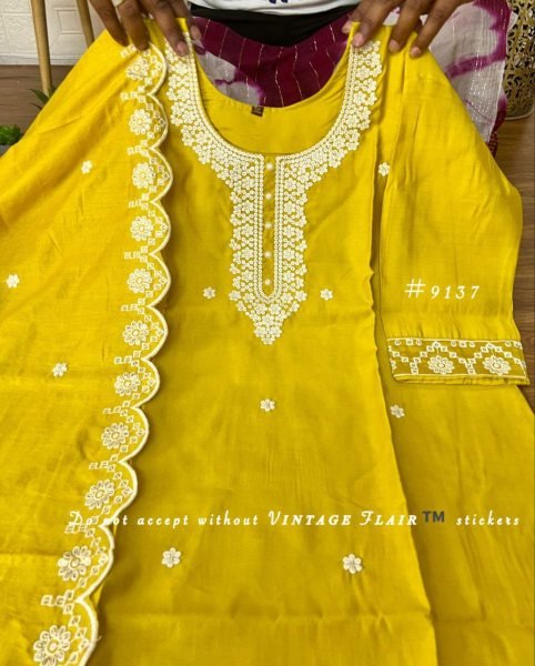 Graceful Yellow Embroidered Vichitra Silk 3 Piece Ethnic Set for Women 3 Piece Kurti Set
