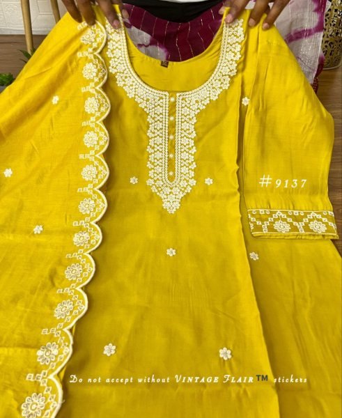 Graceful Yellow Embroidered Vichitra Silk 3 Piece Ethnic Set for Women 3 Piece Kurti Set