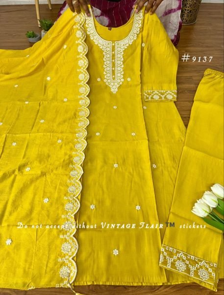 Graceful Yellow Embroidered Vichitra Silk 3 Piece Ethnic Set for Women 3 Piece Kurti Set