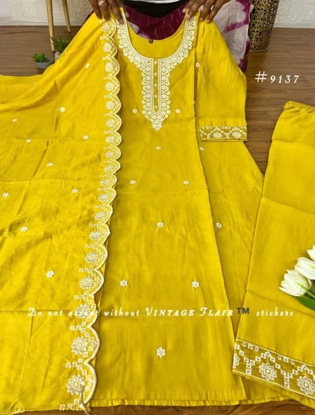 Graceful Yellow Embroidered Vichitra Silk 3 Piece Ethnic Set for Women 3 Piece Kurti Set