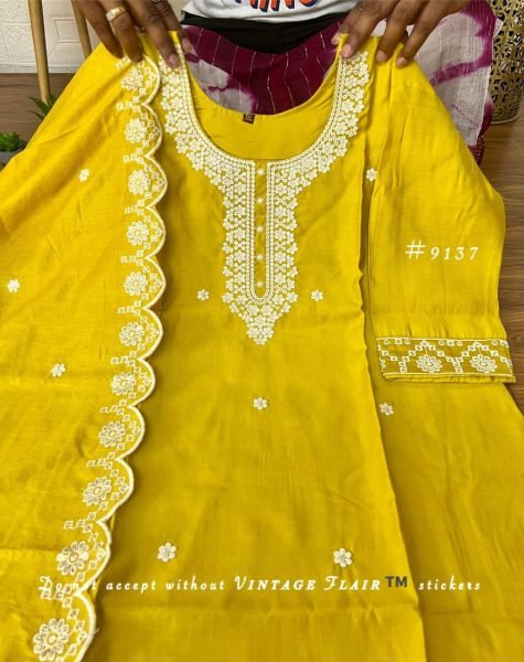 Graceful Yellow Embroidered Vichitra Silk 3 Piece Ethnic Set for Women 3 Piece Kurti Set