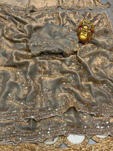 Grand Party Wear Space Silk Saree with Gold Beads and Cutdana Handwork At Wholesale Rates Sarees 