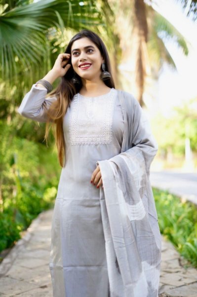 Gray Silk Kurti Pant Set With Embroidered Work  3 Piece Kurti Set