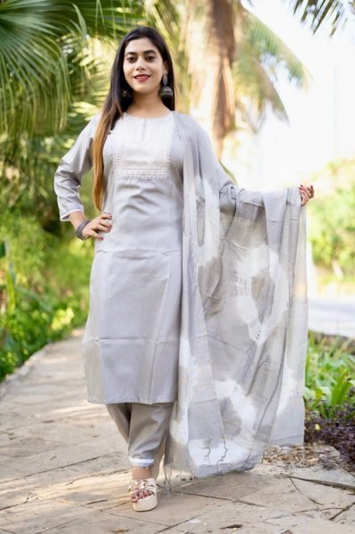 Gray Silk Kurti Pant Set With Embroidered Work  3 Piece Kurti Set