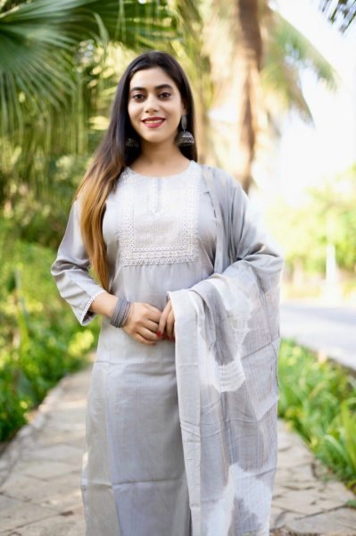 Gray Silk Kurti Pant Set With Embroidered Work  3 Piece Kurti Set