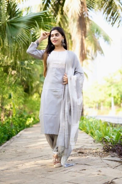 Gray Silk Kurti Pant Set With Embroidered Work  3 Piece Kurti Set